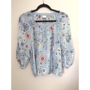 Sharagano Light Blue Floral Crochet Trim Square Neck Peasant Blouse Size PL